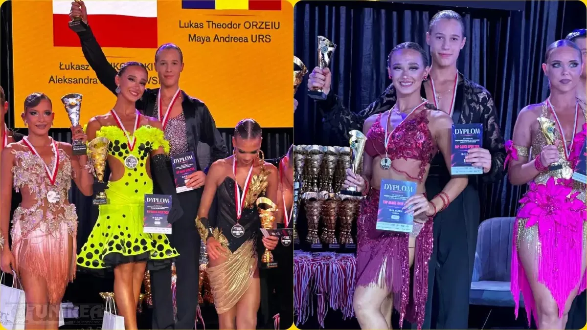 În două fotografii alăturate, tineri în ținute de dans pozează cu medalii și trofee; două persoane țin diplome în fața unor draperii negre.