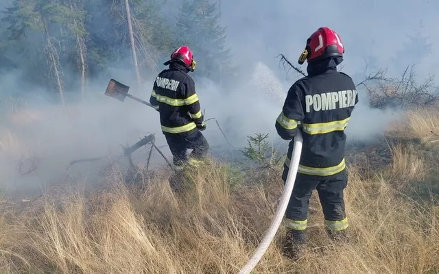 Doi pompieri în echipamente negre și căști roșii acționează printre ierburi uscate și fum, unul ținând un furtun alb.