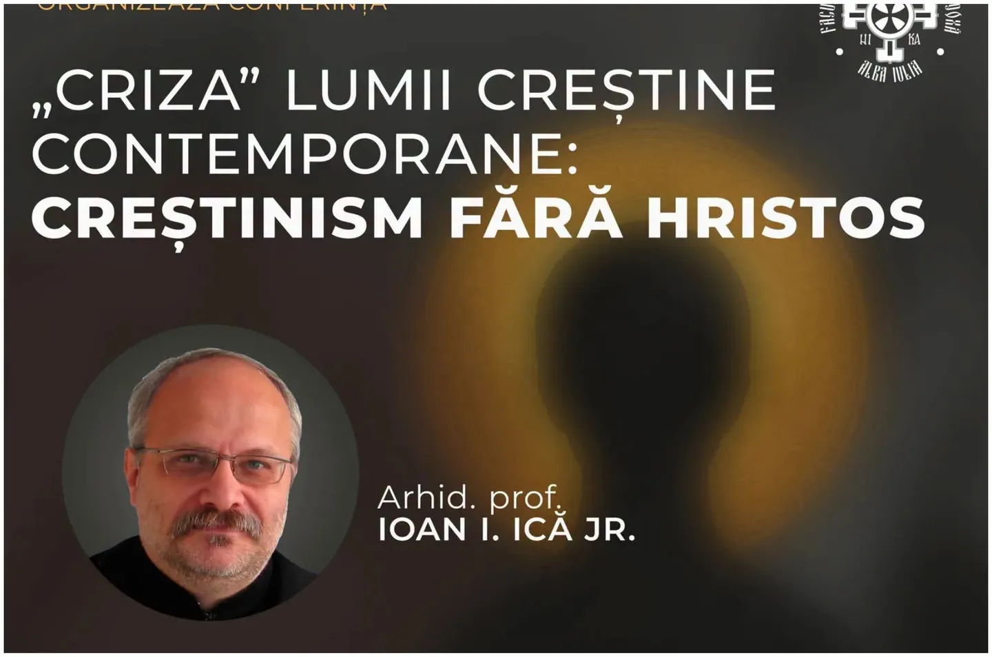 Un afiș cu text alb pe fundal închis prezintă un portret circular al unui bărbat cu ochelari și barbă scurtă.