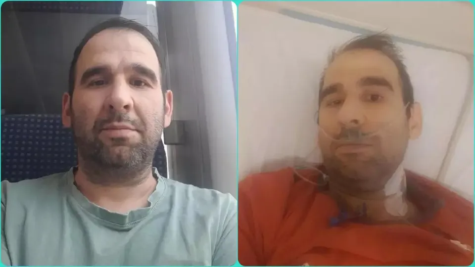 Două fotografii alăturate arată un bărbat cu barbă scurtă, purtând un tricou verde în stânga și o bluză roșie în dreapta.