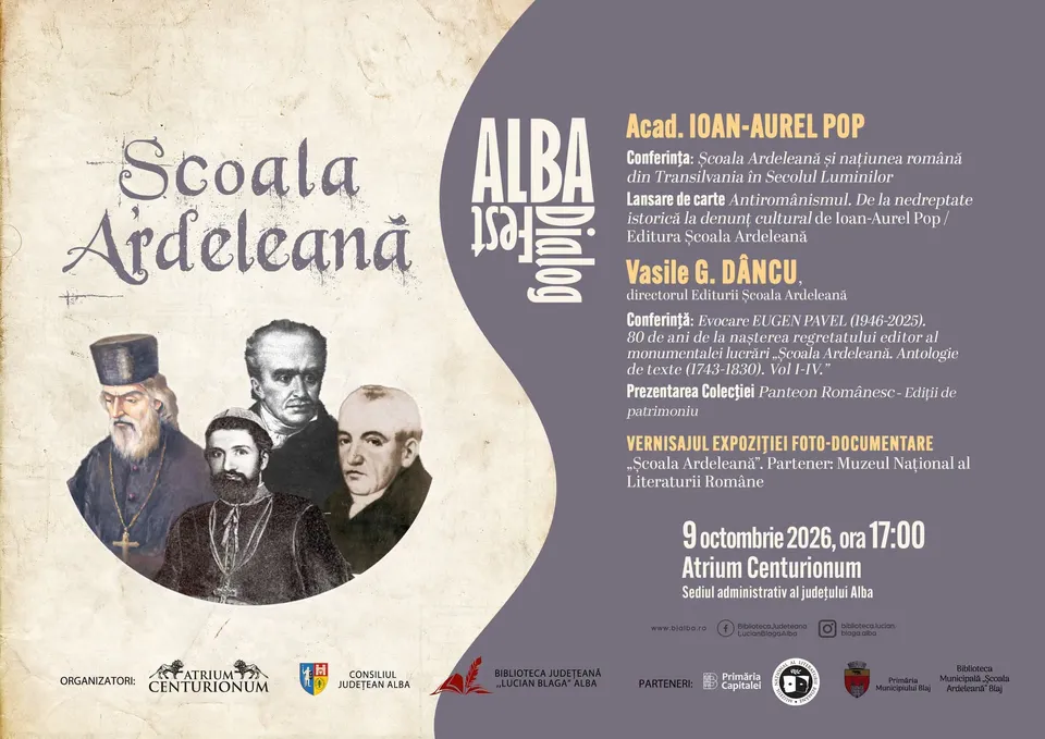 Un afiș împărțit între un fundal crem cu text și portrete ilustrate și un panou mov cu text alb și simboluri.