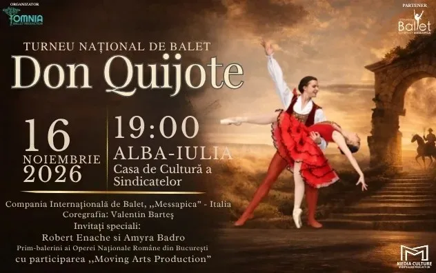 Un afiș prezintă două persoane în costume de balet, una purtând o rochie roșie, alături de text mare și un decor cu arcade.