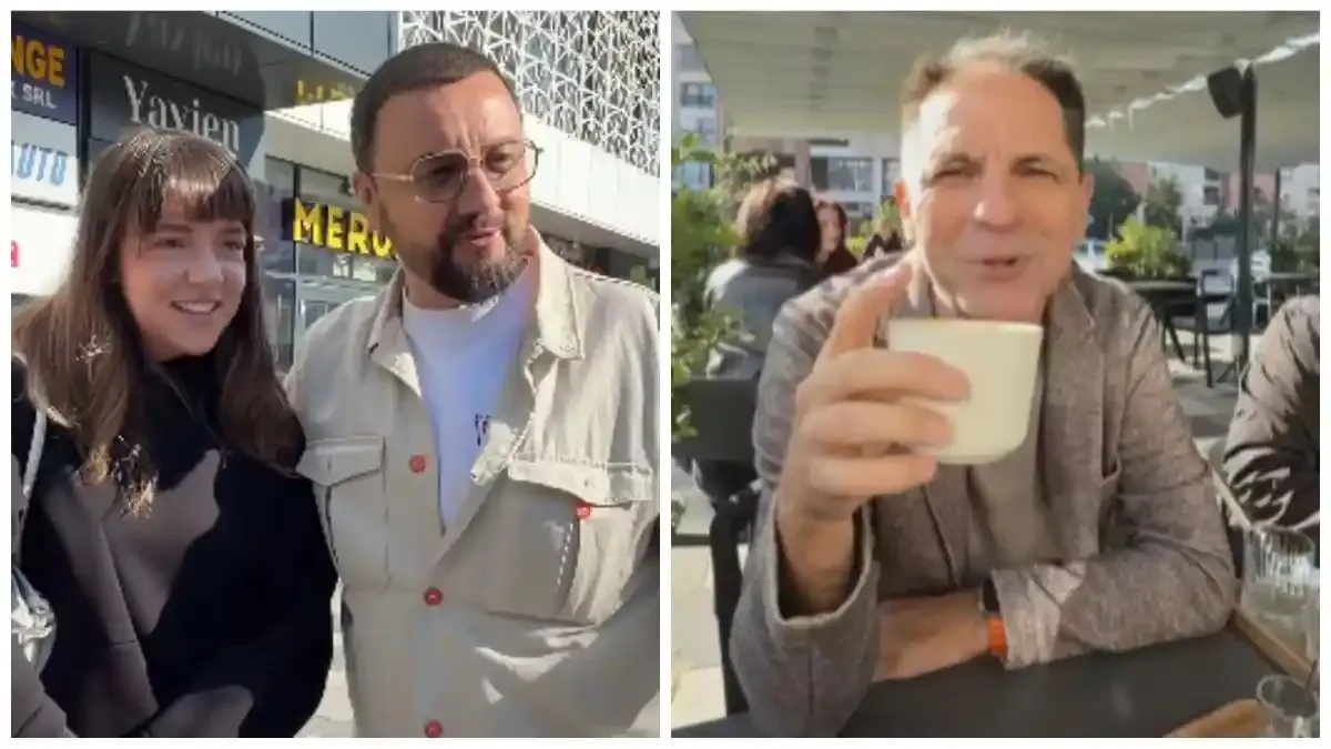 În stânga, o femeie stă lângă un bărbat; în dreapta, un bărbat așezat ține o ceașcă, cu mese și scaune în fundal.