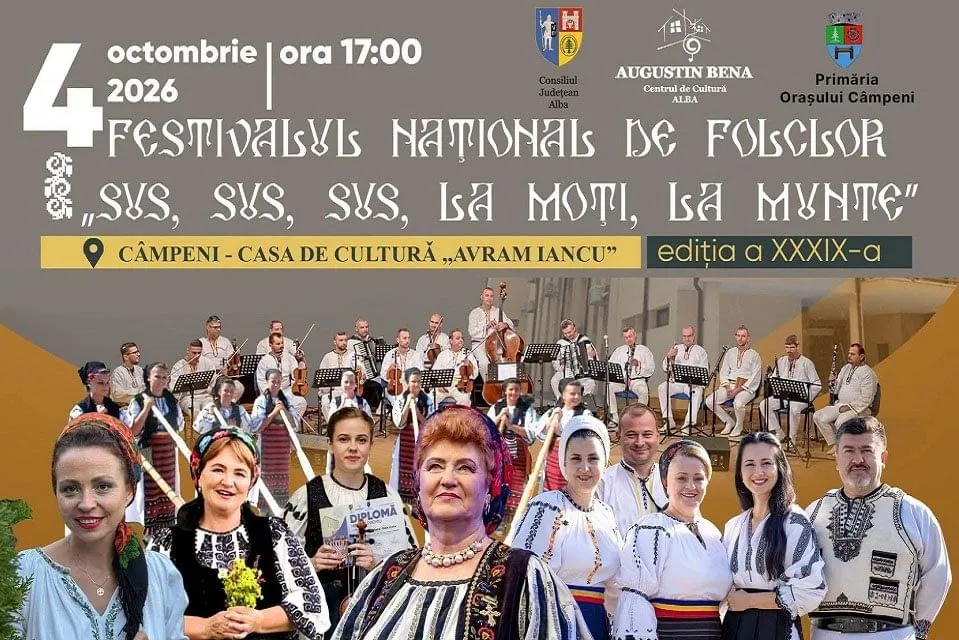 Afiș cu text alb și galben, fotografii decupate ale unor interpreți în costume populare și un ansamblu muzical în fundal.