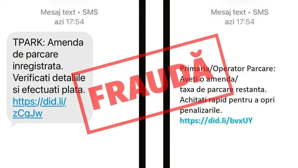 Două capturi de ecran cu mesaje SMS conțin text negru, linkuri albastre și o ștampilă roșie pe care scrie „FRAUDĂ”.