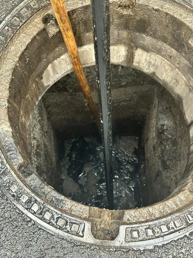 Un cămin circular deschis are pereți de beton, lichid întunecat la fund și două obiecte alungite care coboară în interior.