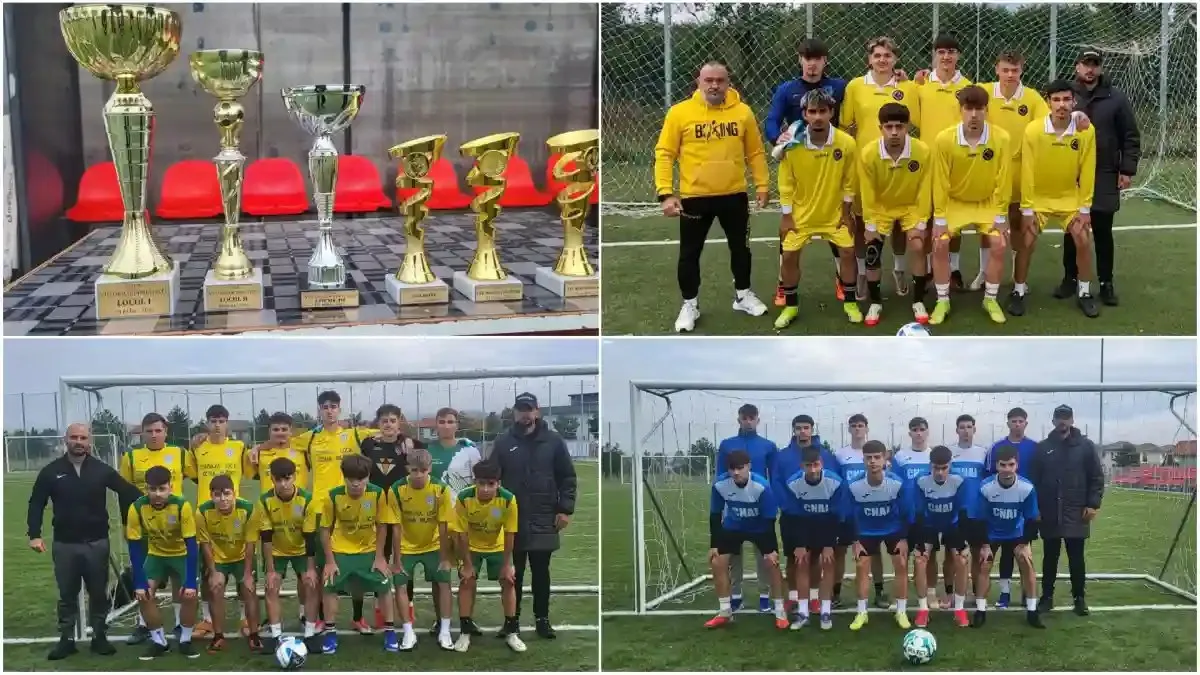 Un colaj arată cupe și trofee pe o masă, iar în trei cadre grupuri în echipamente galbene și albastre stau pe un teren de fotbal.