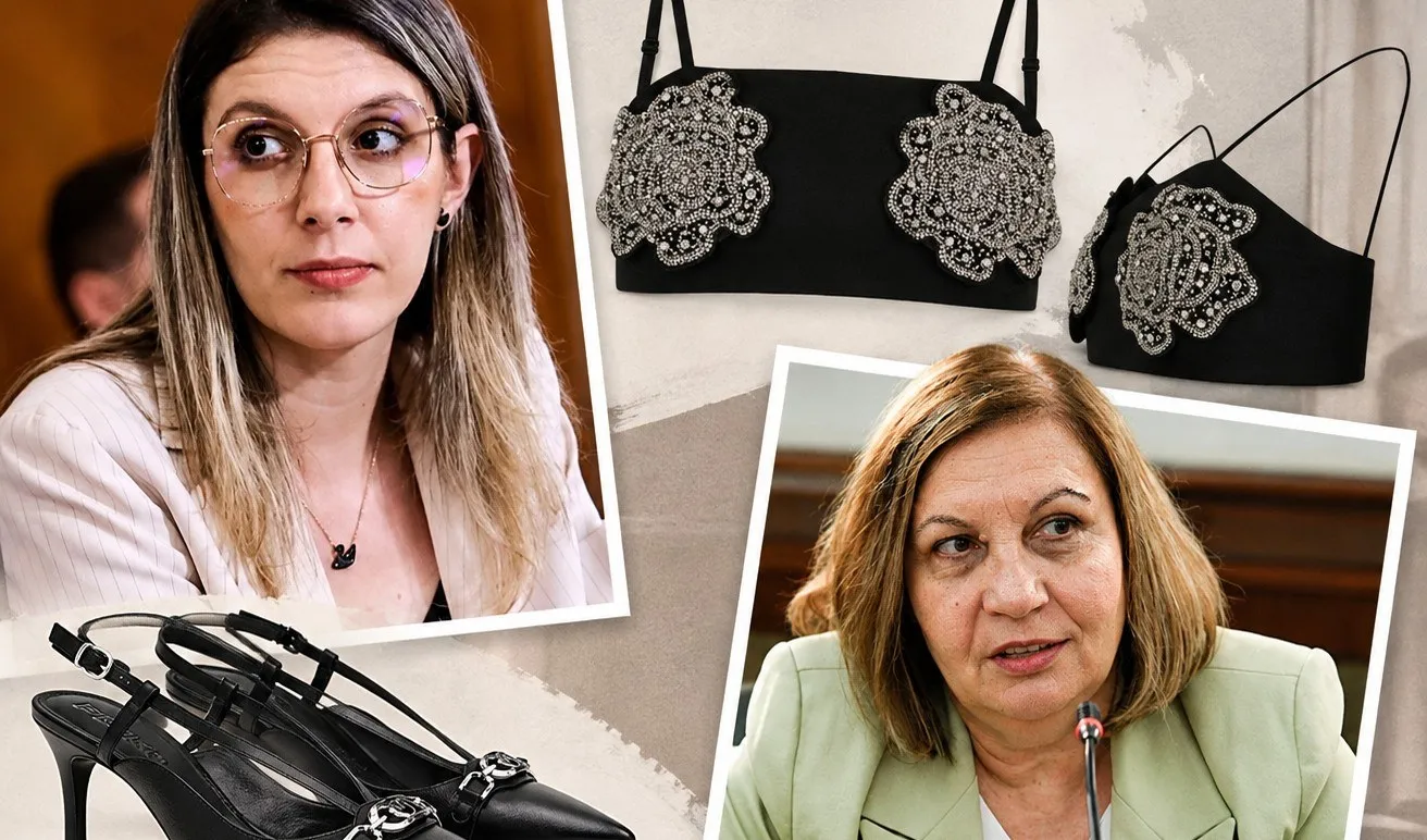 Colaj cu două portrete de femei și mai multe sutiene negre decorate cu aplicații strălucitoare.