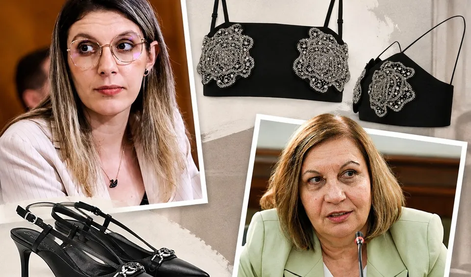 Colaj cu două portrete de femei și mai multe sutiene negre decorate cu aplicații strălucitoare.
