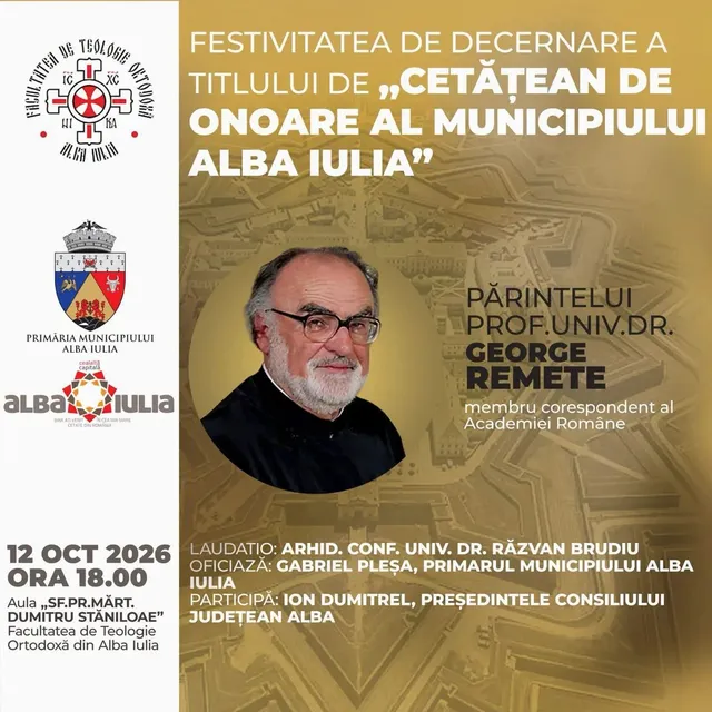 Un afiș cu fond auriu și alb conține texte, embleme și portretul unui bărbat cu ochelari, îmbrăcat în veșminte negre.