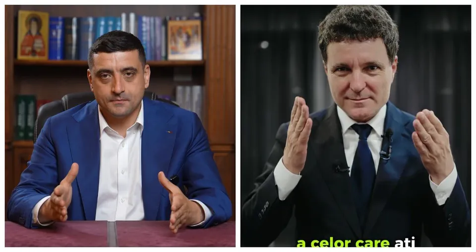 Doi bărbați în costume închise la culoare gesticulează, unul așezat la un birou cu rafturi în spate, celălalt pe fundal întunecat.