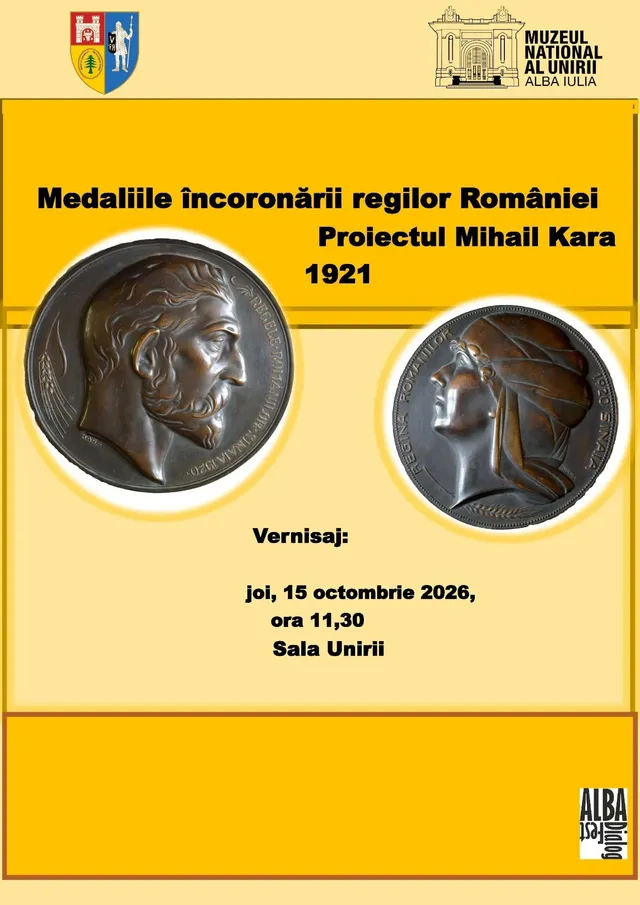 Un afiș galben conține două imagini circulare cu profiluri în relief, text negru și mici embleme în colțuri.