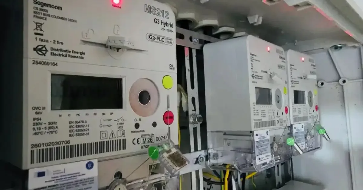 Mai multe contoare electrice albe, cu afișaje digitale și indicatoare luminoase, sunt montate într-un panou deschis, cu fire vizibile dedesubt.
