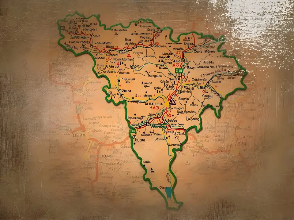 O hartă cu un contur verde și numeroase denumiri și linii negre este imprimată pe un fundal bej.