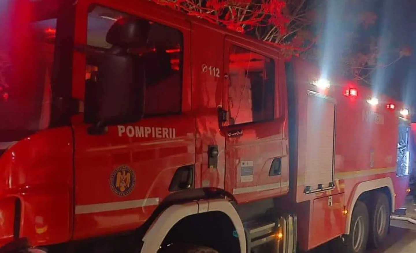 O autospecială roșie de pompieri, cu lumini aprinse, este fotografiată noaptea din lateral, lângă crengi și vegetație.