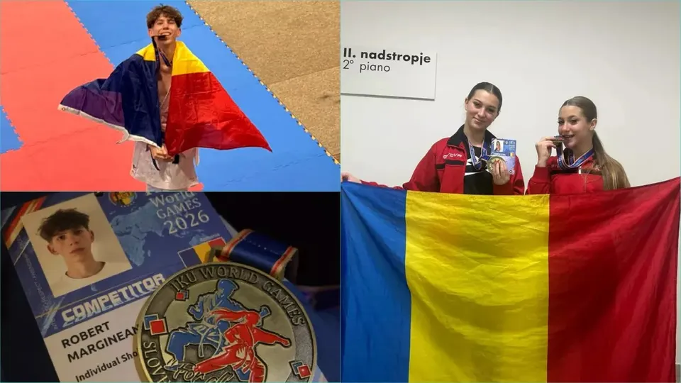 Un colaj arată trei sportivi cu steaguri tricolore și medalii, alături de o legitimație și o medalie fotografiate în prim-plan.