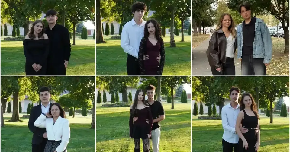Un colaj cu șase fotografii arată perechi de tineri în picioare, pe iarbă sau alei, între copaci; poartă haine deschise și închise la culoare.