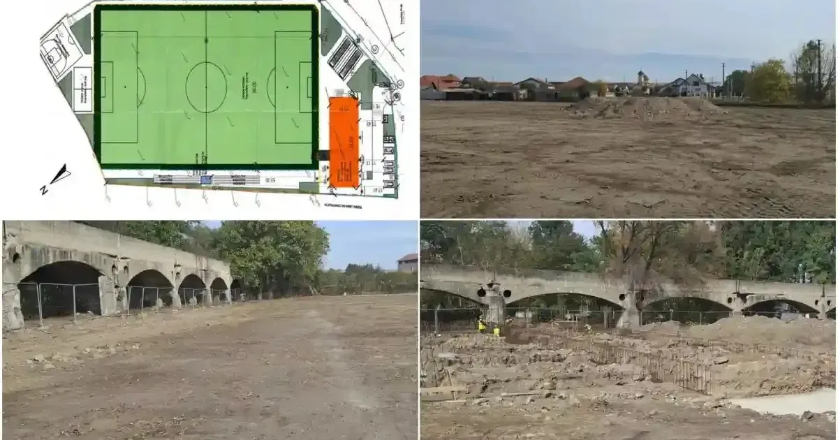 Colajul arată un plan cu un teren verde și o zonă portocalie, suprafețe de pământ și o construcție cu arcade.