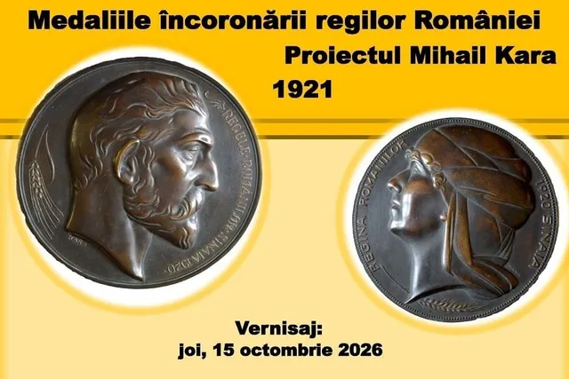 Pe un fundal galben apar două imagini circulare ale unor medalii cu profiluri umane și text negru deasupra și dedesubt.