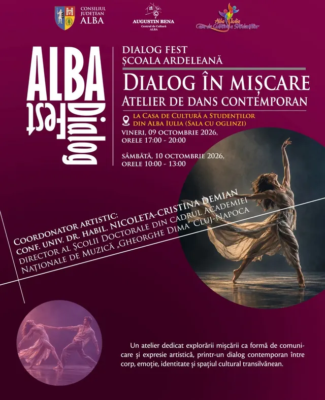 Un afiș vișiniu conține texte albe, trei sigle și imagini cu dansatoare în poziții dinamice, una într-un cerc mare.