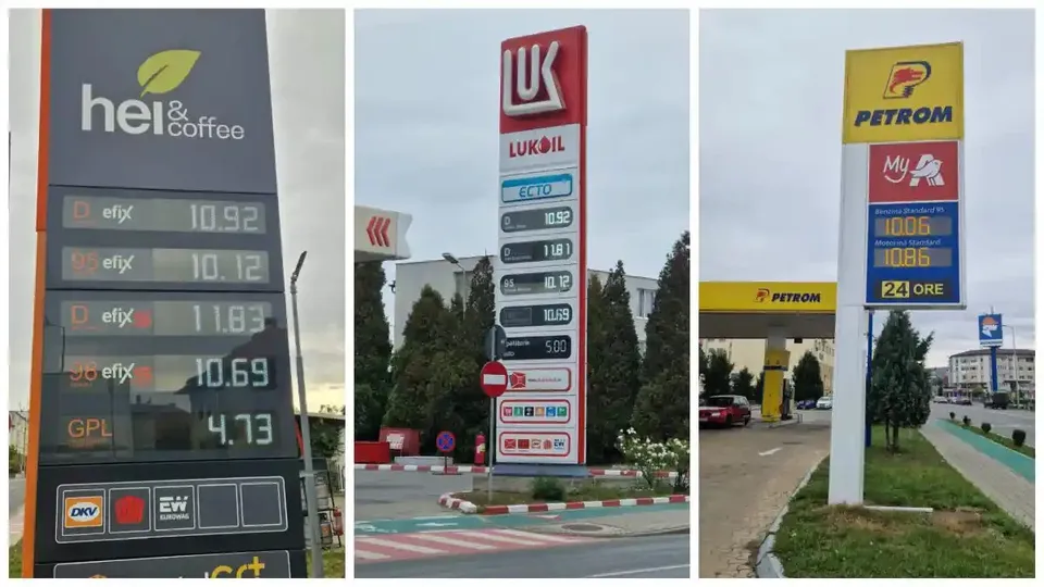 Trei panouri fotografice alăturate arată indicatoare înalte cu sigle, prețuri afișate și benzinării ori drumuri în fundal.