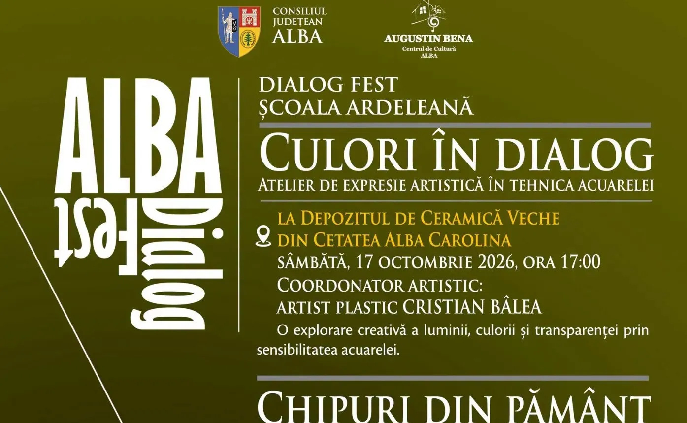 Un afiș verde-oliv conține logouri, titluri albe și text despre un atelier de acuarelă; în partea de jos apare parțial un alt titlu.