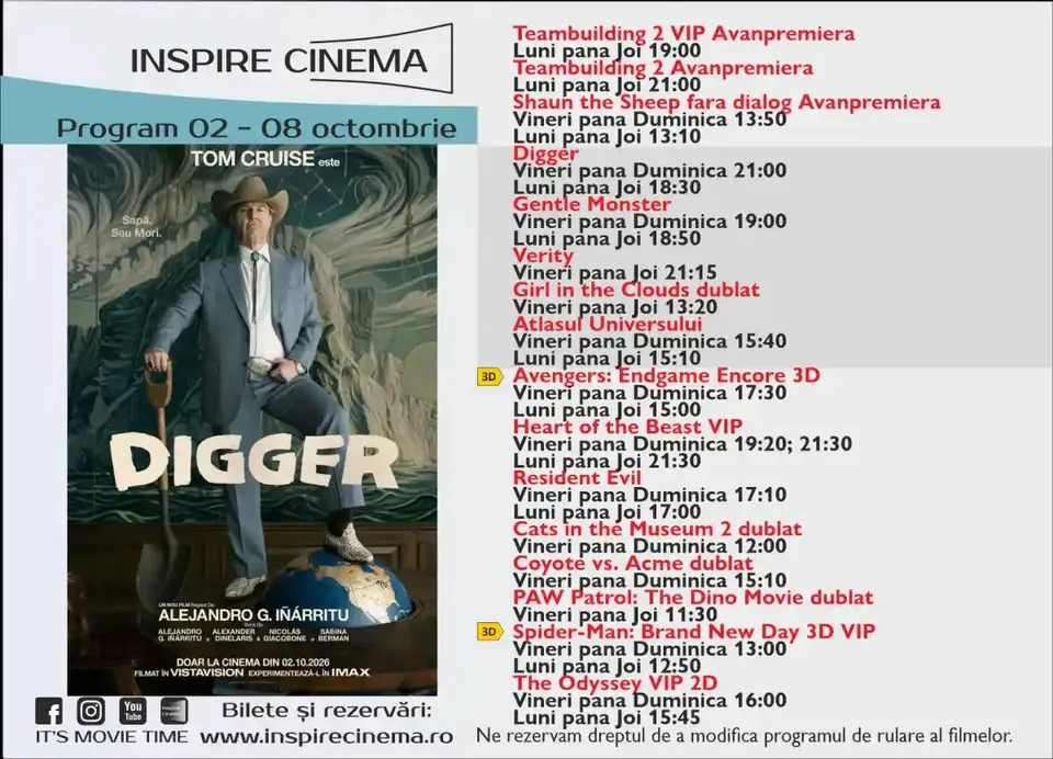 Afiș cu antetul „INSPIRE CINEMA”, intervalul „02–08 Octombrie”, o imagine cu un bărbat așezat și liste de filme și ore în dreapta.