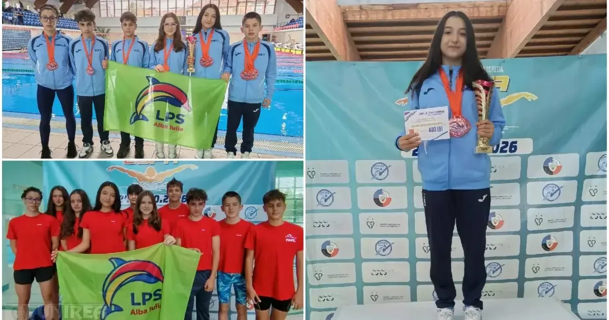Colajul arată grupuri de tineri lângă un bazin, cu medalii la gât și steaguri verzi, iar în dreapta o tânără ține diplome.
