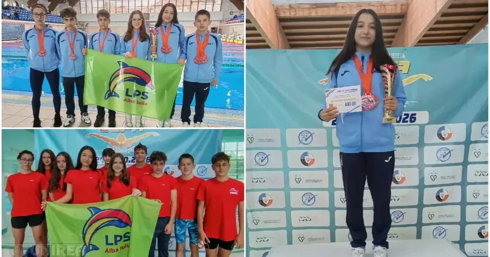 Colajul arată grupuri de tineri lângă un bazin, cu medalii la gât și steaguri verzi, iar în dreapta o tânără ține diplome.