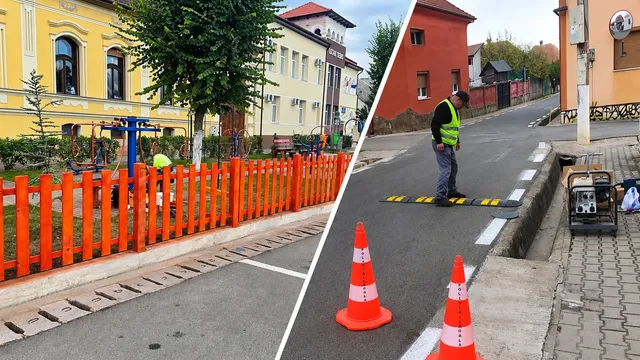 Imaginea este împărțită în două: în stânga, un gard portocaliu lângă o clădire; în dreapta, un bărbat în vestă reflectorizantă lângă limitatoare și conuri.