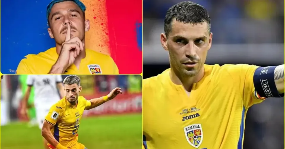 Colaj cu trei bărbați în tricouri galbene: unul ține un deget lângă buze, altul aleargă, iar al treilea poartă o banderolă neagră.