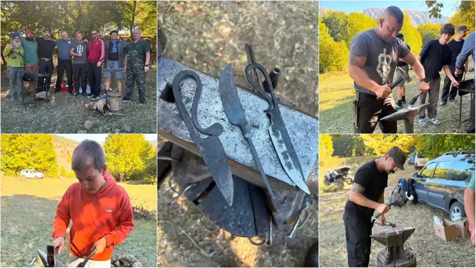 Colajul arată un grup de persoane, unelte metalice și mai multe persoane lucrând cu ciocane lângă nicovale, în aer liber.