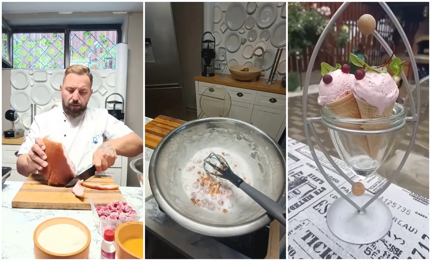 În trei cadre, un bărbat în haină albă taie o bucată de carne, o lingură stă într-un vas metalic, iar două cupe roz sunt într-un pahar.
