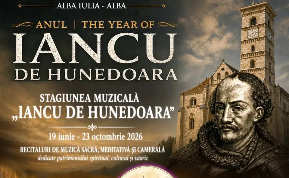Un afiș cu un portret masculin ilustrat, o clădire medievală cu turn și texte despre o stagiune muzicală din 2026.
