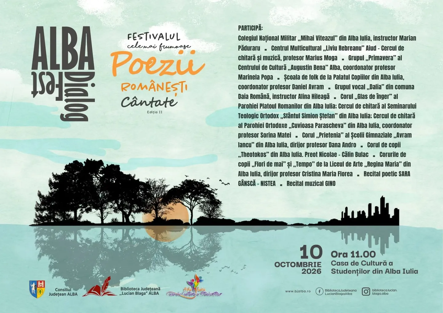 Un afiș în tonuri verde-pal conține texte, siluete de copaci, un profil uman, un peisaj urban reflectat și mai multe sigle.