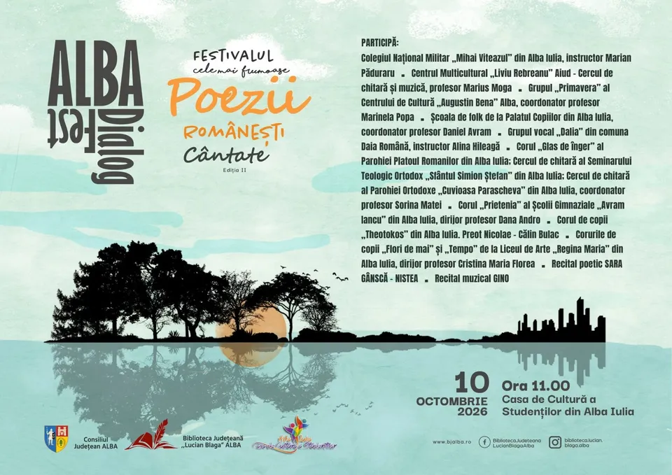 Un afiș în tonuri verde-pal conține texte, siluete de copaci, un profil uman, un peisaj urban reflectat și mai multe sigle.