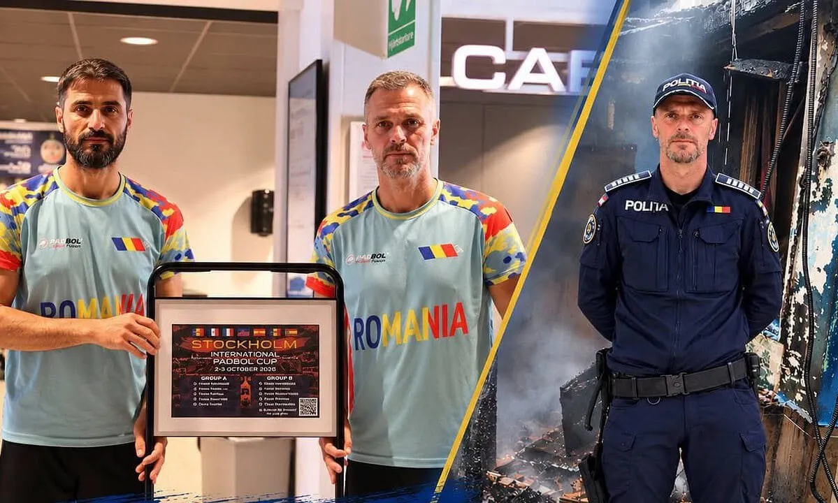 Doi bărbați în tricouri inscripționate „ROMANIA” stau lângă un afiș înrămat, iar alături apare un bărbat în uniformă de poliție.