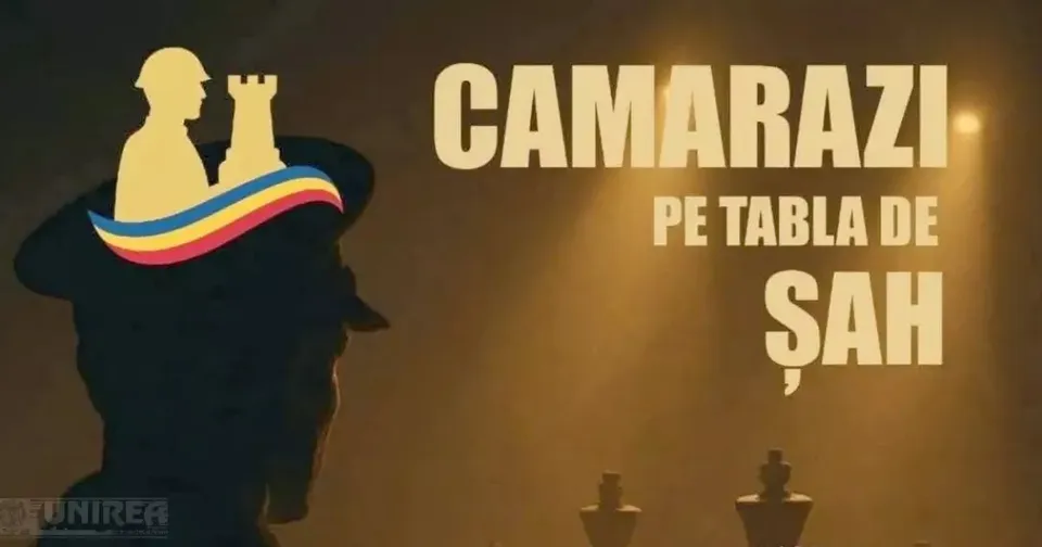 Un afiș cu fundal închis prezintă text alb, o siluetă întunecată, piese de șah și o bandă curbată multicoloră.