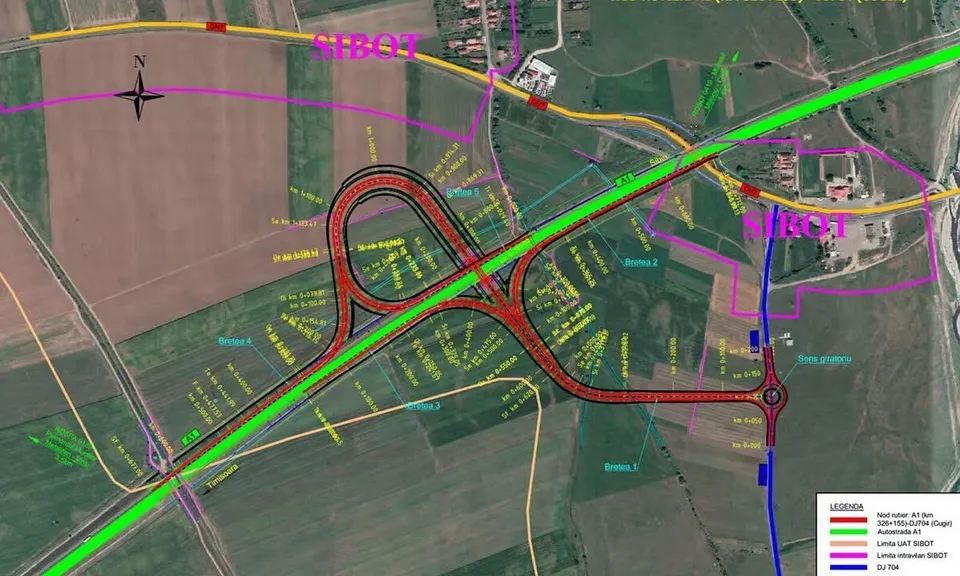 O hartă aeriană arată terenuri agricole, drumuri și trasee suprapuse în mai multe culori, inclusiv o buclă rutieră desenată cu roșu.