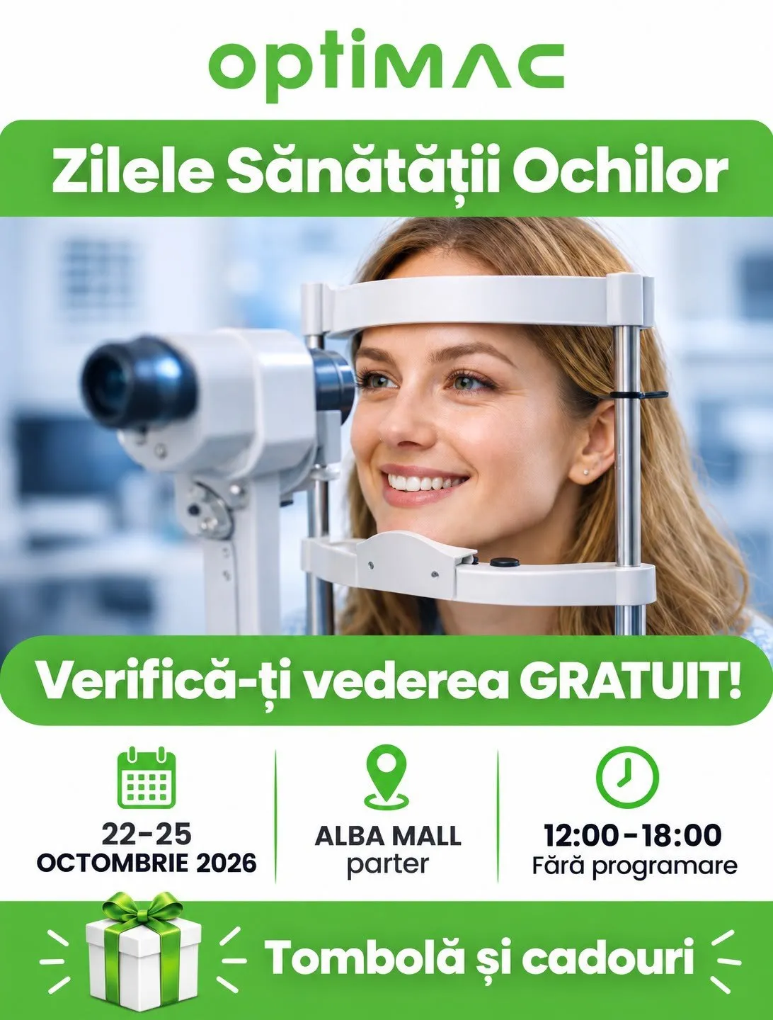 Un afiș verde și alb arată o femeie în spatele unui aparat de verificare a vederii, pictograme și o cutie de cadou.
