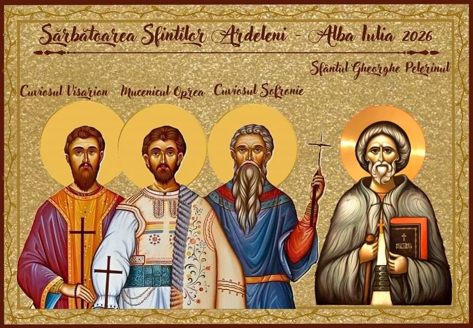 Un afiș auriu prezintă patru personaje religioase ilustrate, cu aureole; unul ține o carte, iar altul, o cruce.
