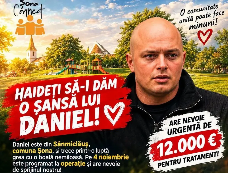 Un bărbat cu capul ras, îmbrăcat în jachetă neagră, apare în dreapta; în spate se văd copaci, un loc de joacă și texte colorate.