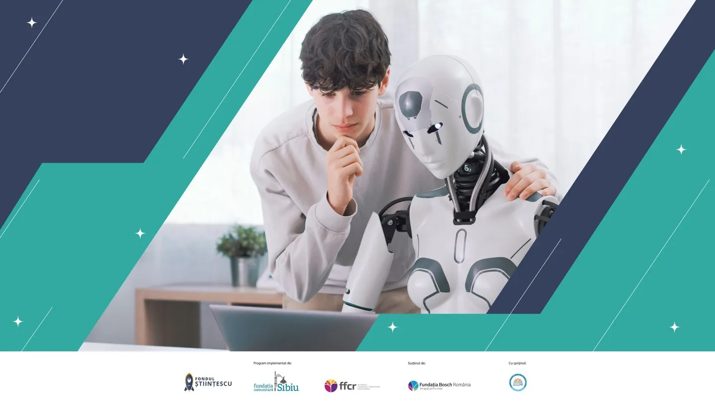 Un tânăr în bluză gri stă lângă un robot alb, în spatele unui laptop, pe un fundal cu benzi diagonale colorate.