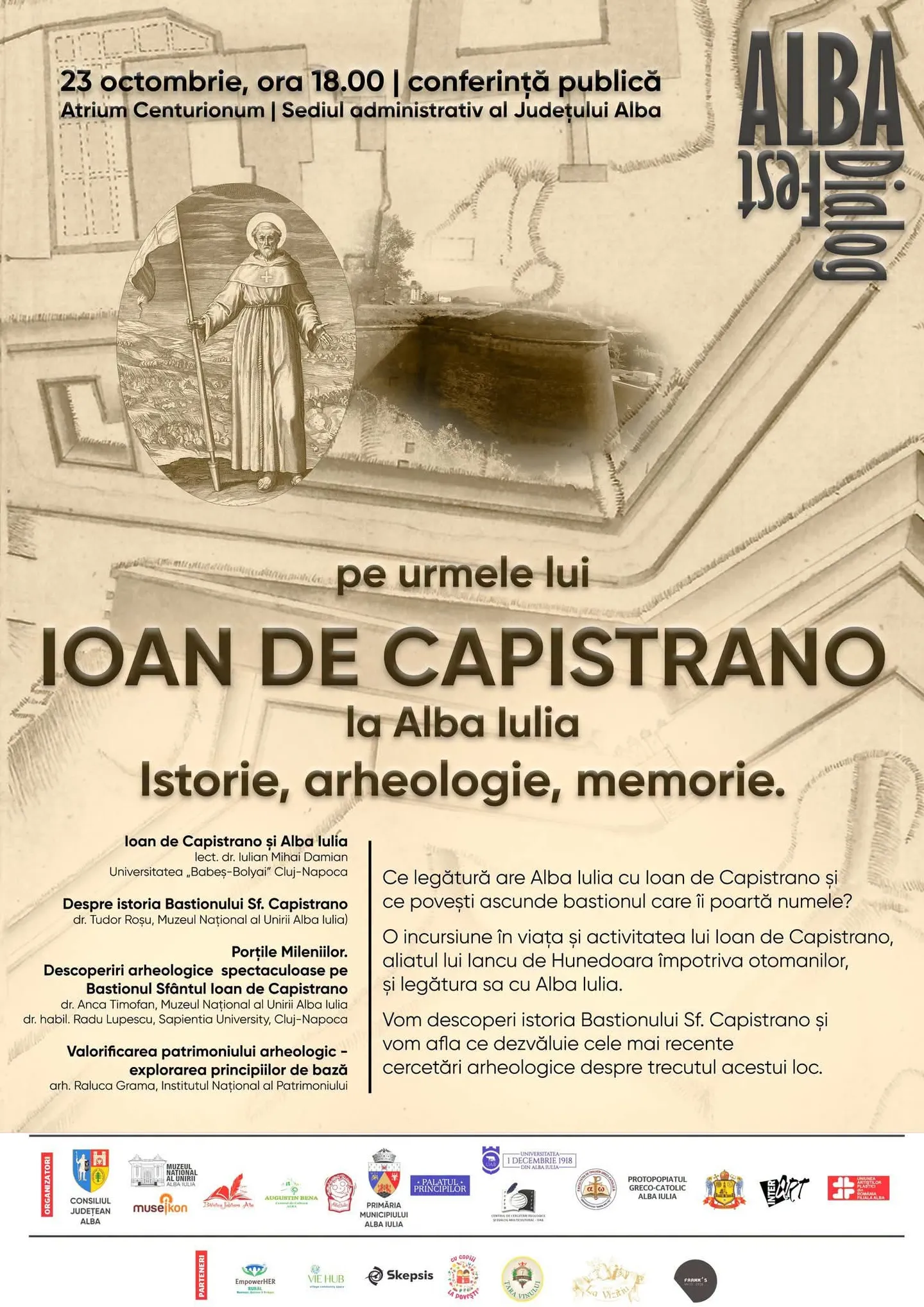 Afiș bej cu texte negre, un desen al unei persoane în veșmânt lung lângă o construcție și sigle mici în partea de jos.