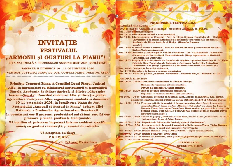 Afiș în două panouri, decorat cu frunze tomnatice portocalii și galbene, conținând titluri roșii și texte dense în limba română.