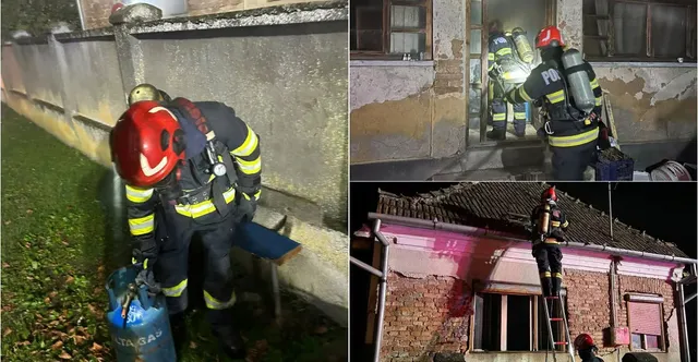 Trei cadre arată pompieri echipați cu căști și aparate de respirat lângă o clădire, la o intrare și pe o scară sprijinită de perete.