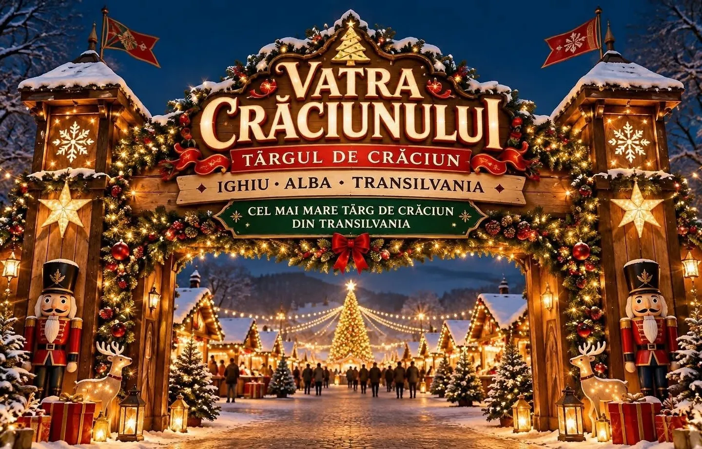 O poartă decorată cu lumini și ornamente are un panou cu text; în spate se văd brazi, căsuțe și siluete de oameni.