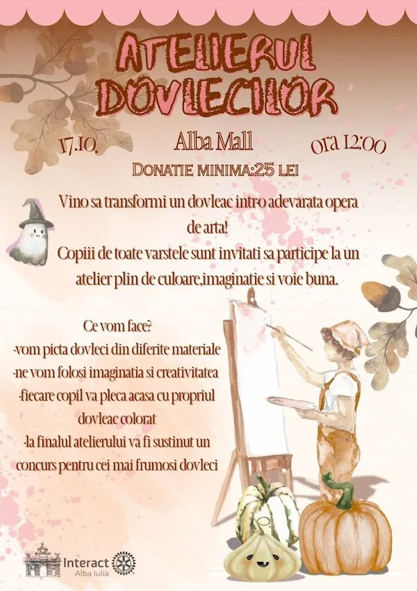 Afișul conține text despre pictarea dovlecilor, un șevalet, un personaj desenat cu pensulă și doi dovleci desenați în partea de jos.