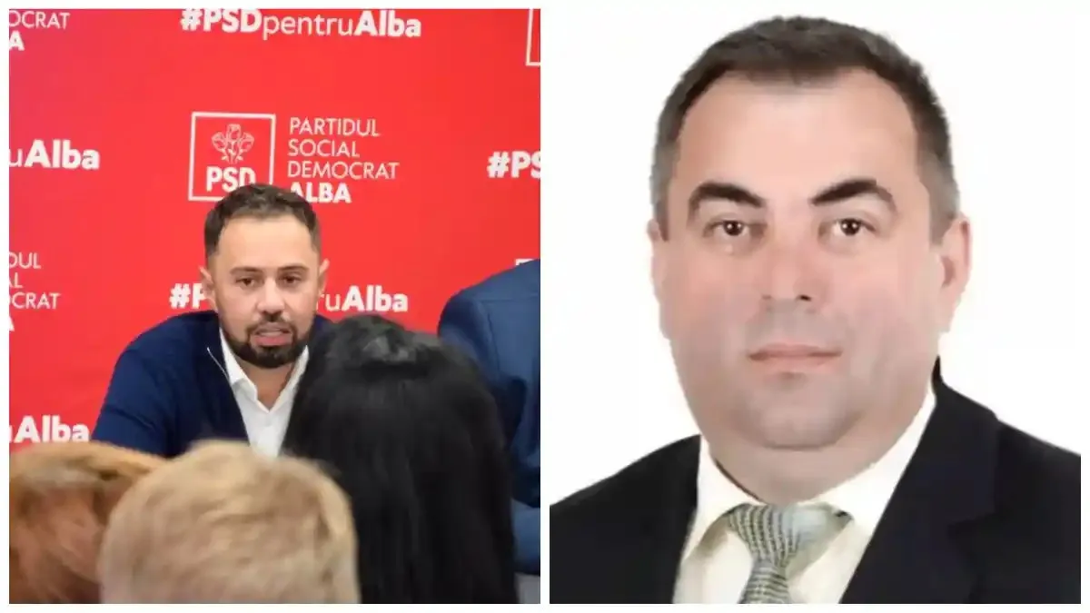 În stânga, un bărbat cu barbă stă în fața unui panou roșu, în spatele unor capete; în dreapta, un bărbat poartă costum și cravată.