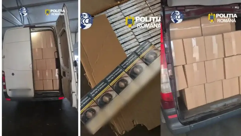 Două autoutilitare deschise au compartimentele de marfă pline cu cutii de carton; în imaginea centrală se văd cutii și un șir de pachete.